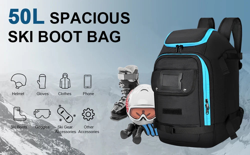 50L Ski Boot Bag with Rubberized Exterior/Waterproof Bottom for Skis, Snowboard, Ski Helmet, Accessories