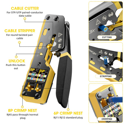 RJ45 Crimp Tool Kit All-in-One Ethernet Crimper Cat7 Cat6 Cat5 Crimping Tool with Network Cable Tester, 50-Pack Cat6 RJ45 Pass Through Connector, 50-Pack Connector Boots