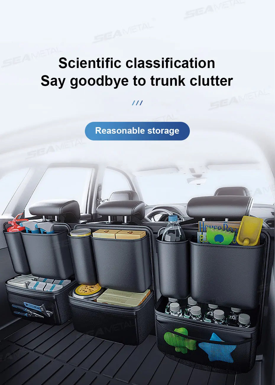 SEAMETAL Leatherette Car Trunk Organizer Large Capacity Seat Back Storage Bag with 4 Pockets Multifunction Use for Car Trunk SUV