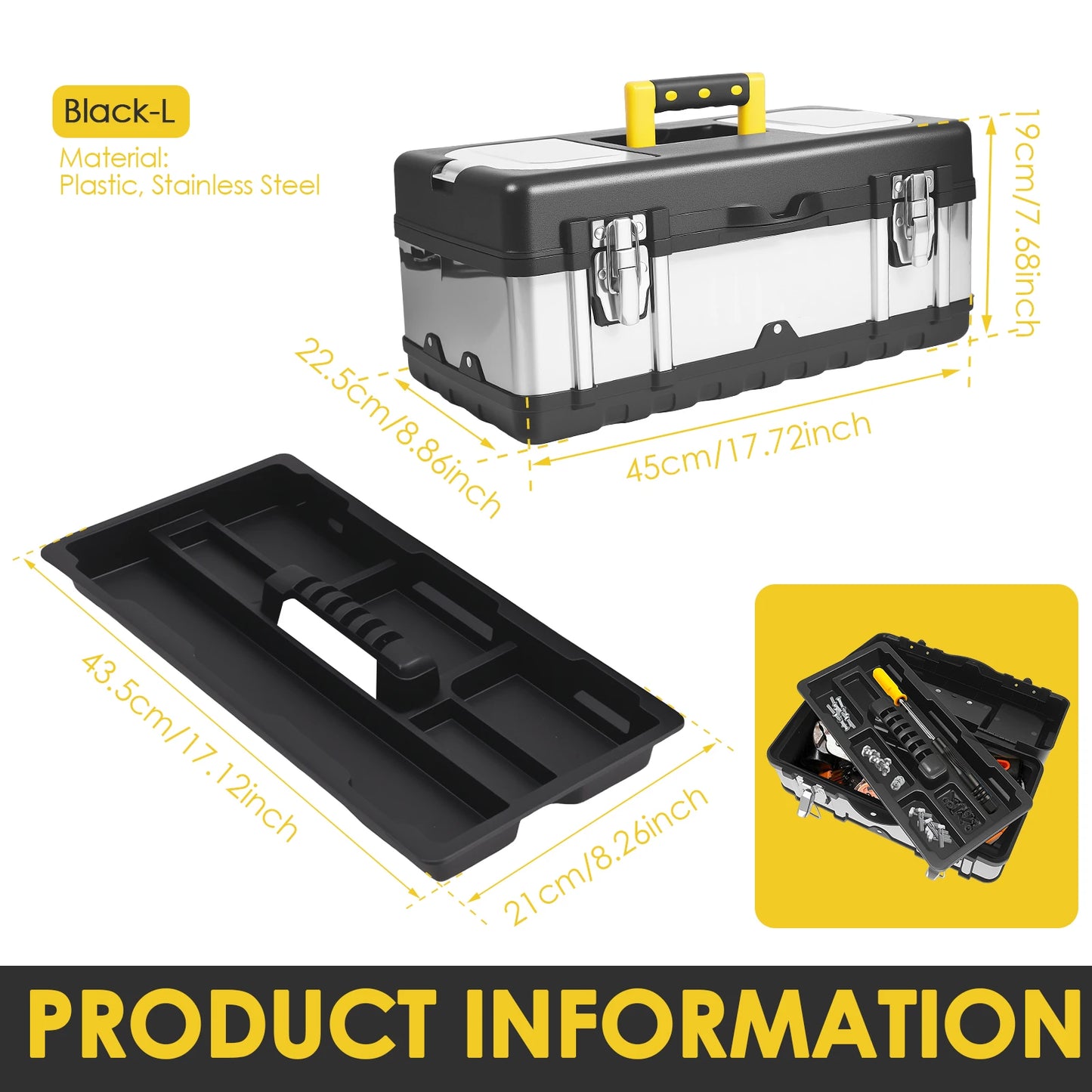 Tool Box, Deep, Long Handle, Extra Large Design, Fixed Divider for Tool Organization, Water and Debris Resistant