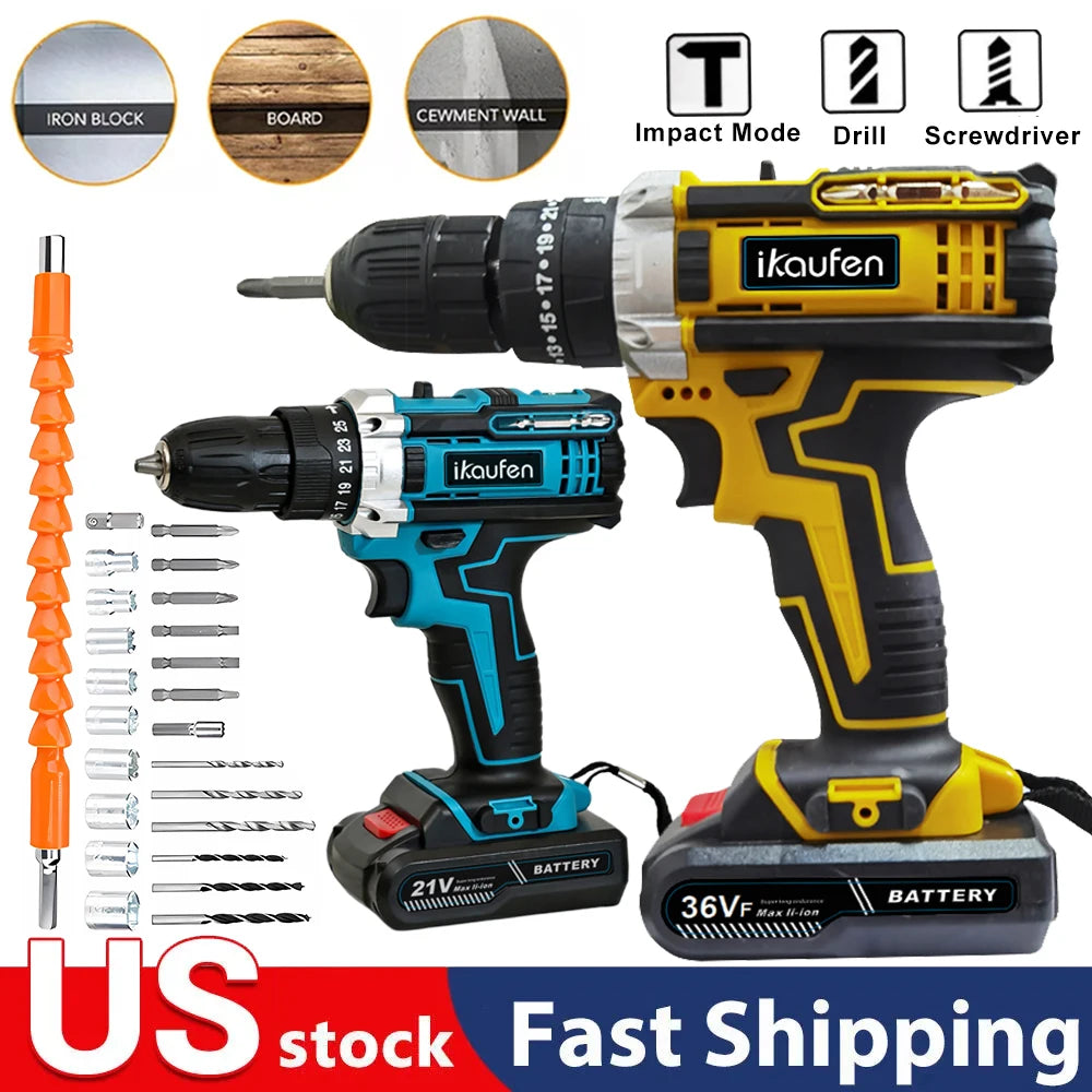 Cordless Drill: Multifunctional 21V rechargeable impact drill lithium battery cross-border flashlight gun drill electric screwdriver electric dr