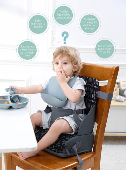 Toddler Booster Seat for Dining Table, Non-Slip Kitchen Chair Booster Seat with Backrest and Adjustable Straps, Portable PU Waterproof Travel Baby Booster Increasing Cushion