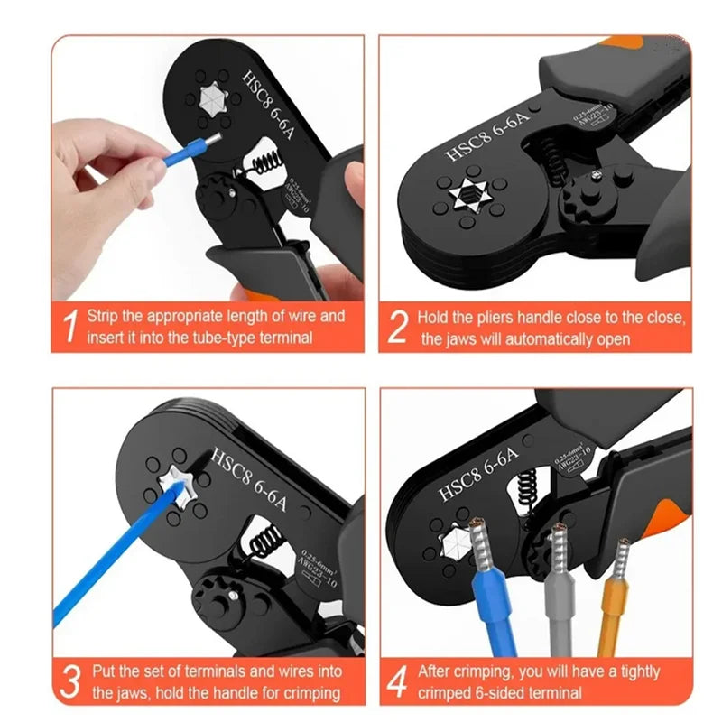 Ferrule Crimping Tool Hexagonal Self-Adjustable Ratchet Kit 23-10AWG 0.25-6mm² Crimper Kit with 400-2000pcs Wire Terminals