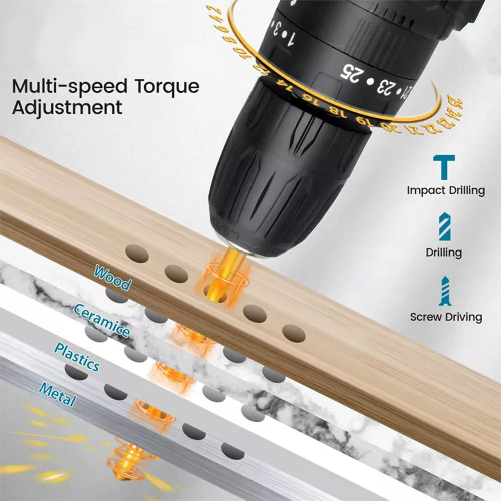 Cordless Drill: Multifunctional 21V rechargeable impact drill lithium battery cross-border flashlight gun drill electric screwdriver electric dr