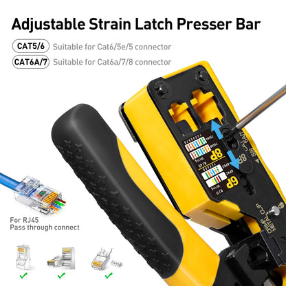 RJ45 Crimp Tool Kit Pass Thru Ethernet Crimper for Cat5e Cat6 Cat6a 8P8C Modular Connectors, All-in-One Cat6 Crimping Tool and Tester
