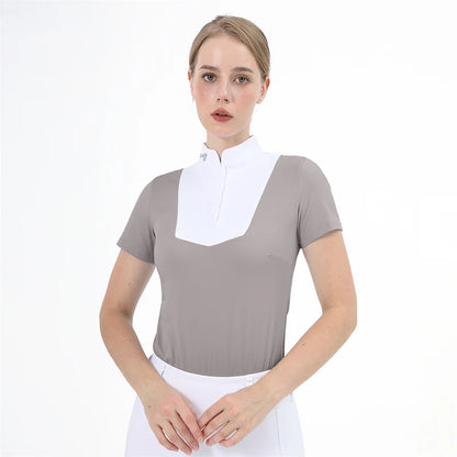 M LOGO Equestrian t-Shirts Short Sleeve Tops Horse Riding Clothing Women Button Training Rider Blouse Competition Show Top