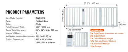 White Metal Dog Gate for Small Dogs - Short Freestanding Puppy Gate with Retractable Sliding Rail, No Installation, Indoor/Outdoor Use, Foldable & Portable Pet Barrier