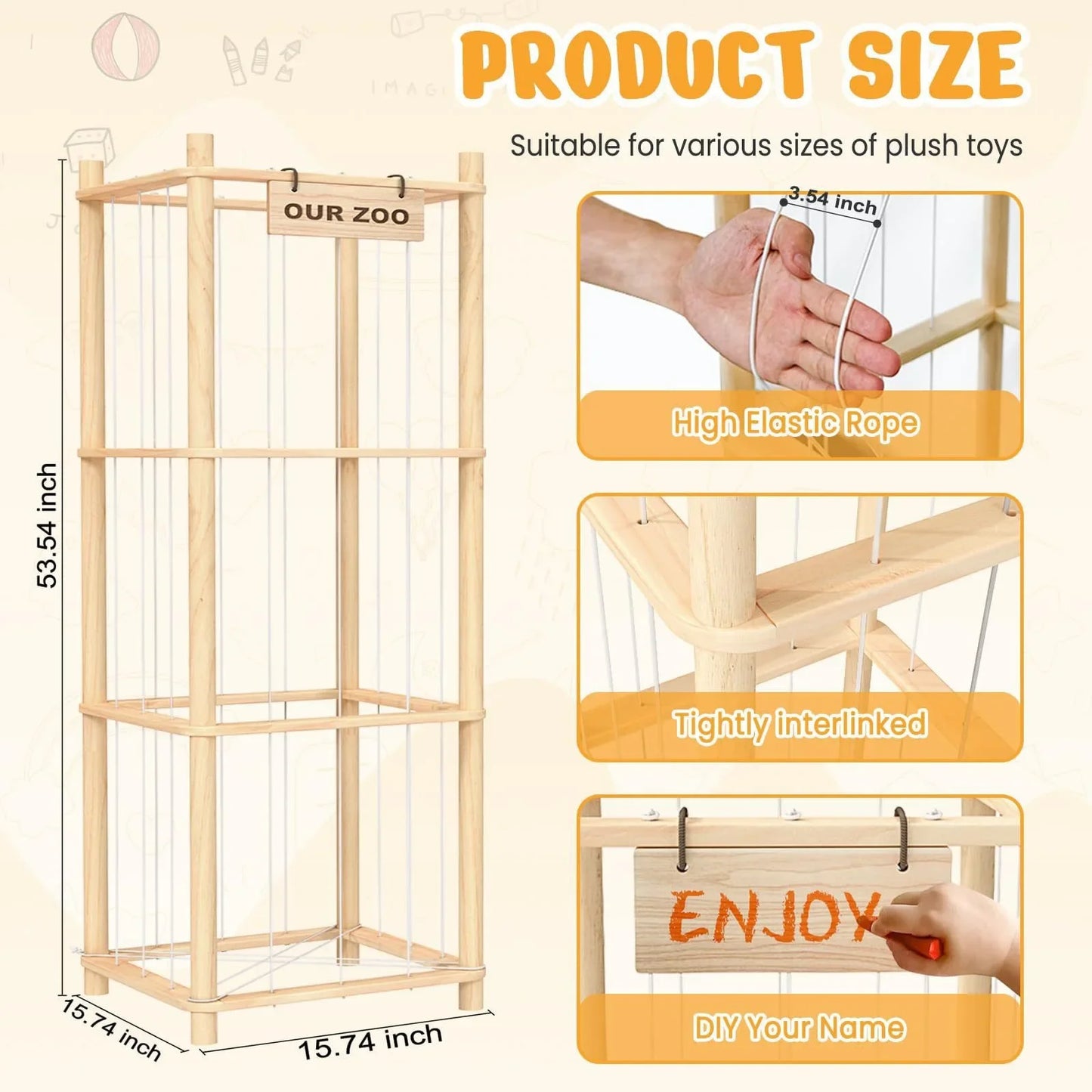 Stuffed Animal Storage Zoo, Wooden Stuffed Animal Organizer with Elastic Cords for Boys Girls, Space Saving Toy Plushies Storage Holder for Playroom, Bedroom, Living Room