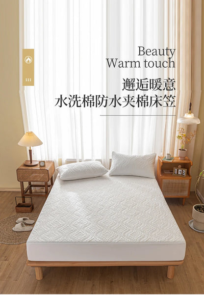 2025 new simple solid color washed cotton waterproof padded fitted sheet, No pillowcase, household mattress protective cover