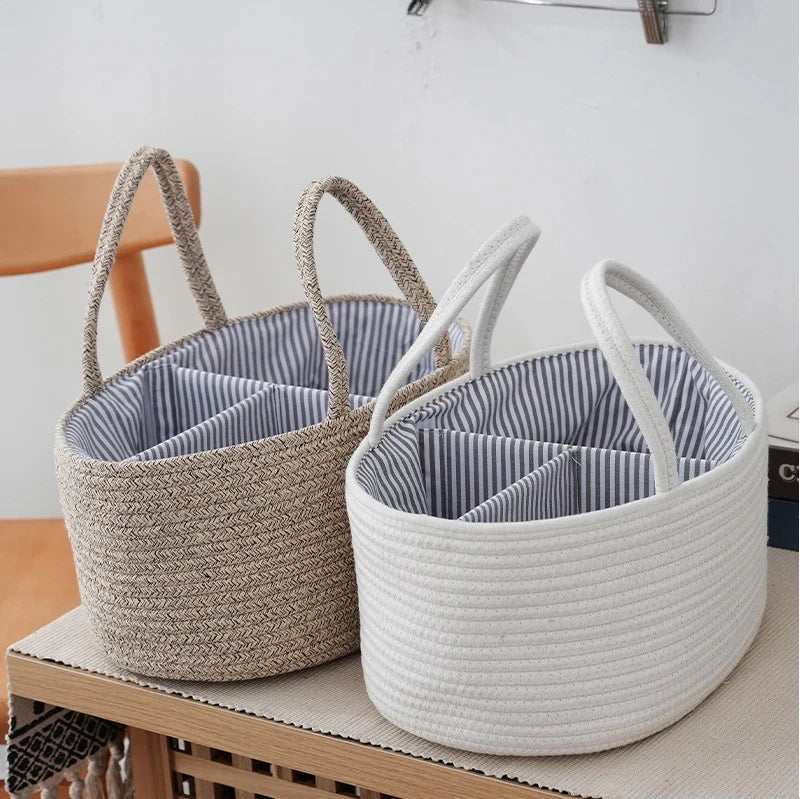 Baby Changing Basket Includes Diaper Caddy - Soft & Waterproof Dual-Cover, Portable, Changing Pad for Dresser & Changing Table, Gift for Baby Shower, Organic Cotton Rope