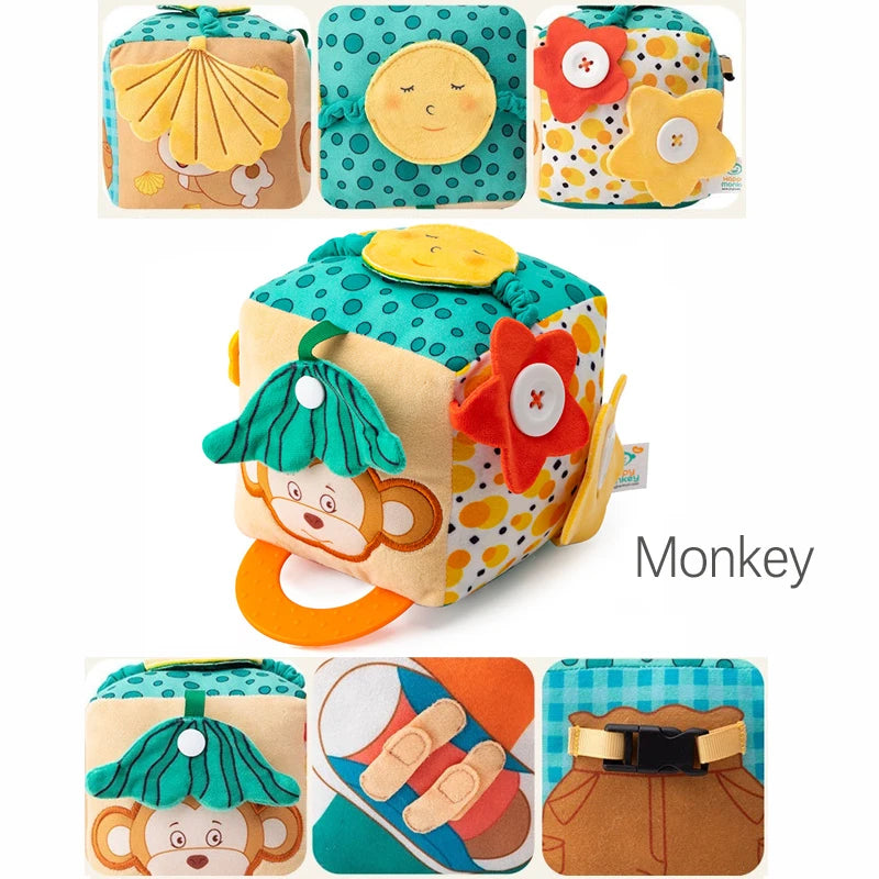 Soft Baby Activity Cube Montessori Toy Interactive Sensory Development Block with Crinkle Sound Textured Tab Early Learning Play