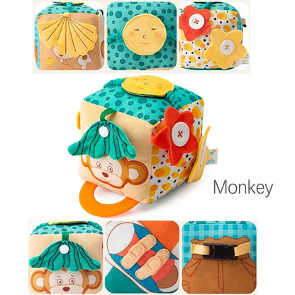 Soft Baby Activity Cube Montessori Toy Interactive Sensory Development Block with Crinkle Sound Textured Tab Early Learning Play