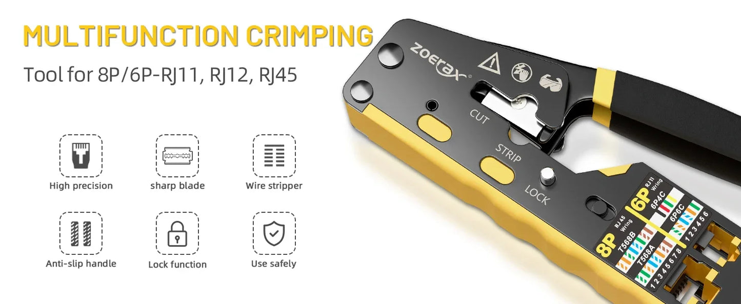 RJ45 Crimp Tool Kit All-in-One Ethernet Crimper Cat7 Cat6 Cat5 Crimping Tool with Network Cable Tester, 50-Pack Cat6 RJ45 Pass Through Connector, 50-Pack Connector Boots