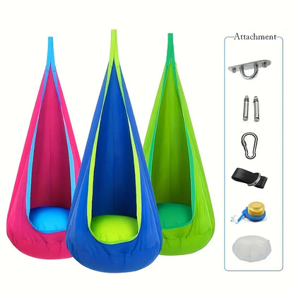 All-in-One Hanging Hammock Chair with Inflatable Pillow | Heavy-Duty Capacity, Storage Pocket | Indoor/Outdoor Hanging Seat