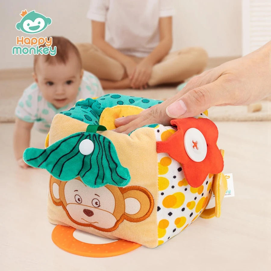 Soft Baby Activity Cube Montessori Toy Interactive Sensory Development Block with Crinkle Sound Textured Tab Early Learning Play
