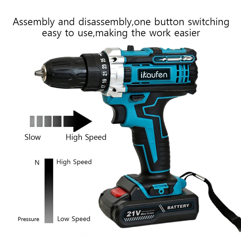 Cordless Drill: Multifunctional 21V rechargeable impact drill lithium battery cross-border flashlight gun drill electric screwdriver electric dr