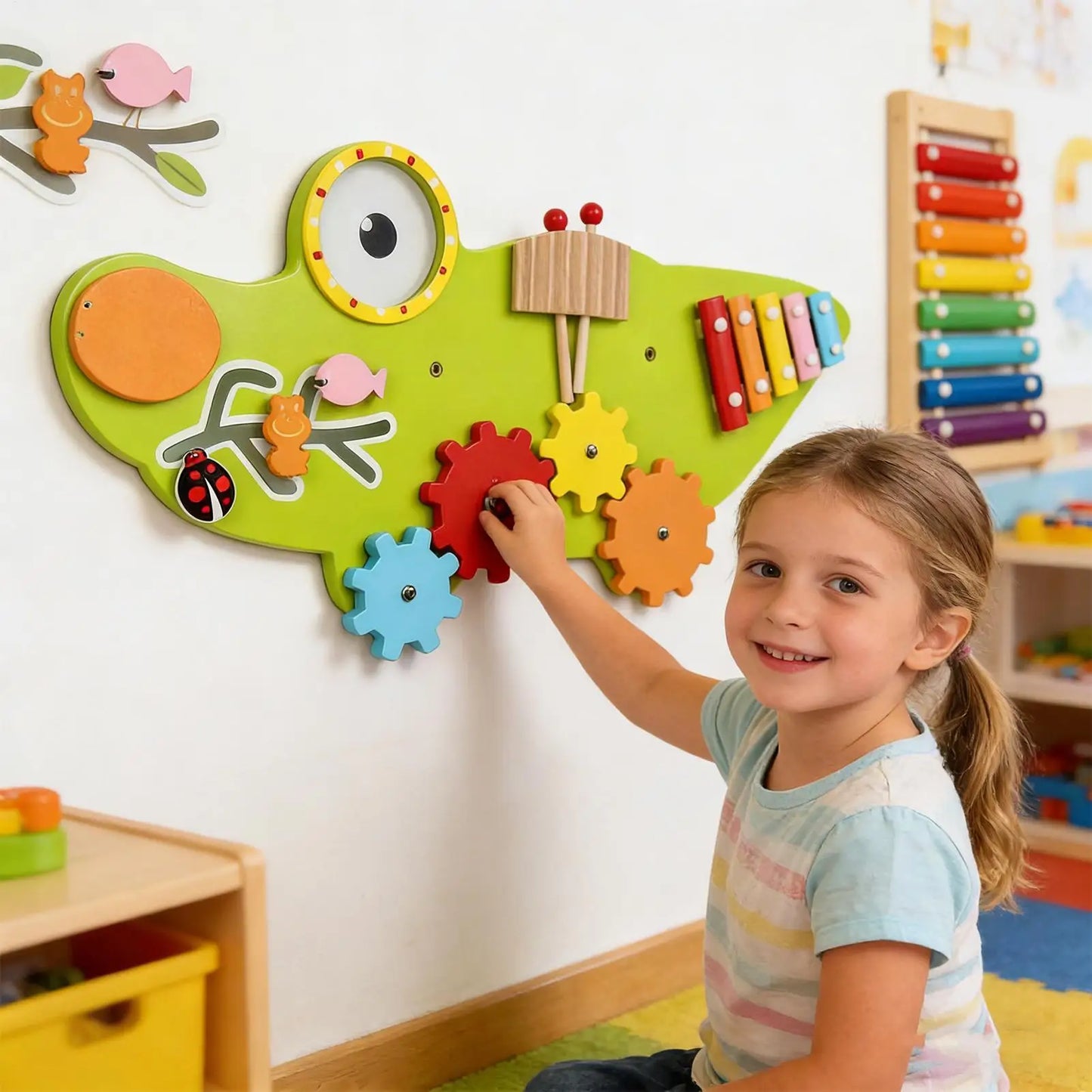 11-in-1 Kids Wall Busy Panels Wooden Sensory Board Montessori Sensory Learning Activity Center for Children Playroom Toys