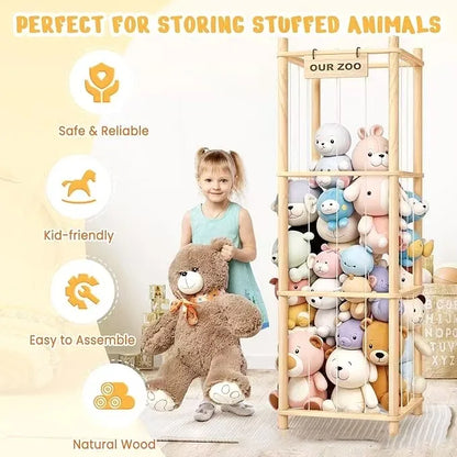 Stuffed Animal Storage Zoo, Wooden Stuffed Animal Organizer with Elastic Cords for Boys Girls, Space Saving Toy Plushies Storage Holder for Playroom, Bedroom, Living Room