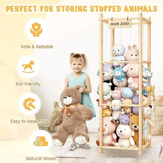 Stuffed Animal Storage Zoo, Wooden Stuffed Animal Organizer with Elastic Cords for Boys Girls, Space Saving Toy Plushies Storage Holder for Playroom, Bedroom, Living Room