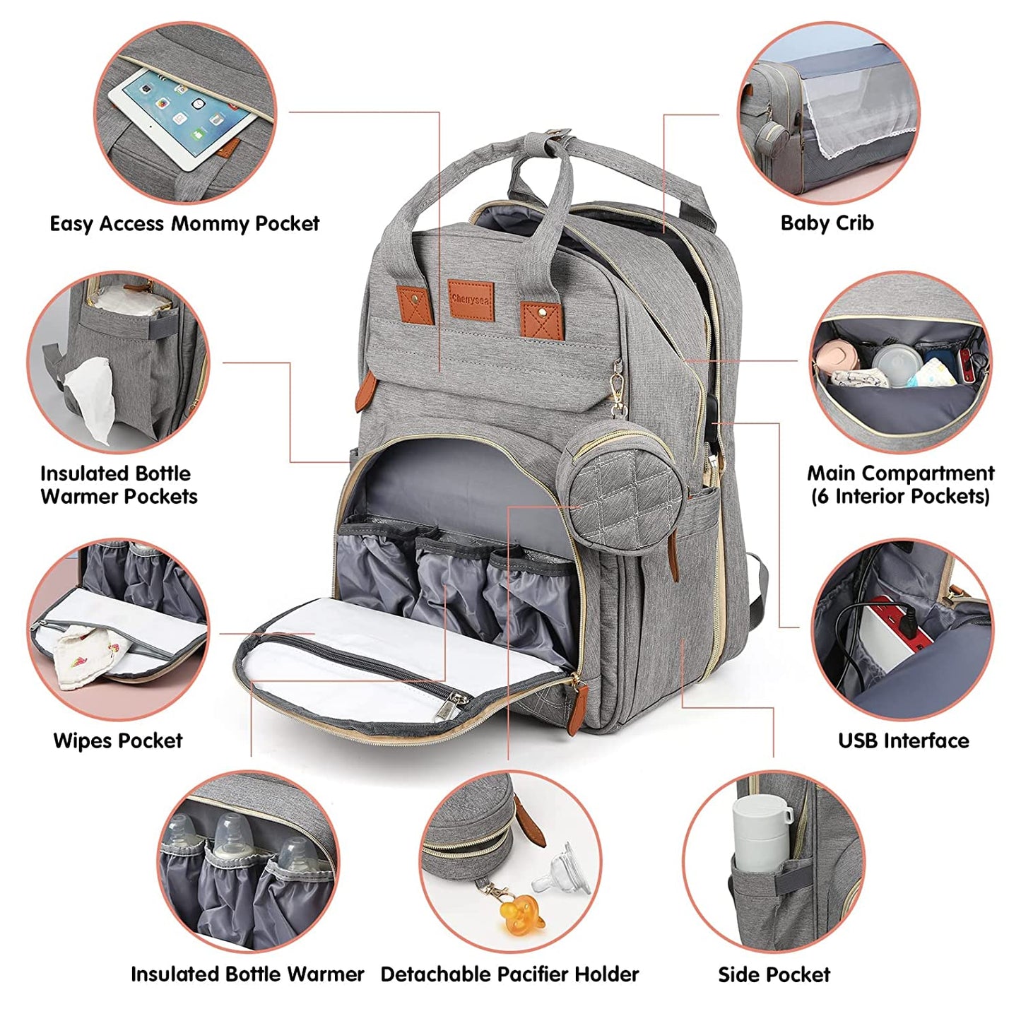 Diaper Bag Backpack  Foldable Baby Bed Waterproof Travel Bag with USB Charge Diaper Bag Backpack with Changing Bed 3 types