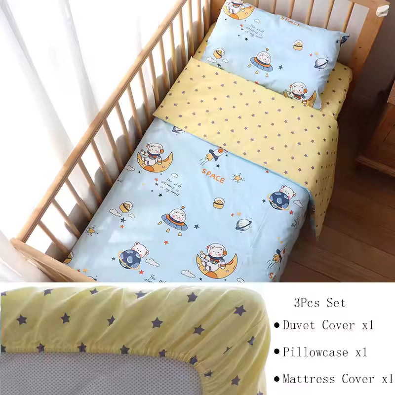 3 Pcs Baby Crib Bedding Set Pure Cotton Bed Linens Boy Girl Cot Kit Include Pillowcase Sheet Duvet Cover Children Room Decoration