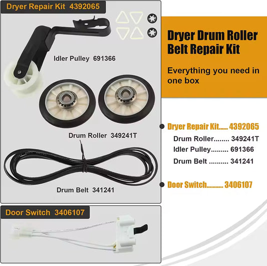 4392065 Dryer Repair Kit with 341241 Dryer Belt, 349241t, 691366 - Dryer Parts for Whirlpool Kenmore Maytag Amana, Fit for Model wed4815ew1 ned4655ew1, Replaces AP3131942 AP6010582 WP691366 AP3098345
