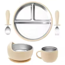5PCS Baby Feeding Set | Stainless Steel Suction Plates and Bowls with Silicone Fork and Spoon Utensils | Baby Led Weaning Tableware for Toddlers & Kids