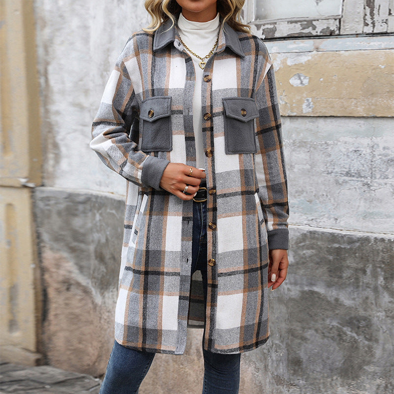 Manteau Long Femme – Style Carreaux Brossés avec Grandes Poches