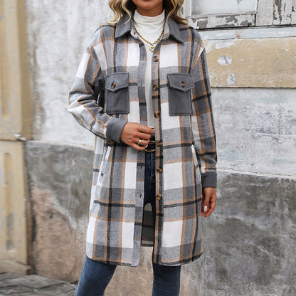 Manteau Long Femme – Style Carreaux Brossés avec Grandes Poches