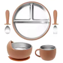 5PCS Baby Feeding Set | Stainless Steel Suction Plates and Bowls with Silicone Fork and Spoon Utensils | Baby Led Weaning Tableware for Toddlers & Kids