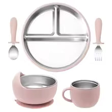 5PCS Baby Feeding Set | Stainless Steel Suction Plates and Bowls with Silicone Fork and Spoon Utensils | Baby Led Weaning Tableware for Toddlers & Kids