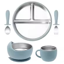 5PCS Baby Feeding Set | Stainless Steel Suction Plates and Bowls with Silicone Fork and Spoon Utensils | Baby Led Weaning Tableware for Toddlers & Kids