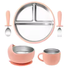5PCS Baby Feeding Set | Stainless Steel Suction Plates and Bowls with Silicone Fork and Spoon Utensils | Baby Led Weaning Tableware for Toddlers & Kids