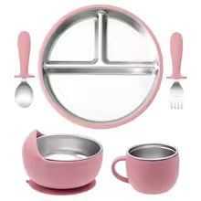 5PCS Baby Feeding Set | Stainless Steel Suction Plates and Bowls with Silicone Fork and Spoon Utensils | Baby Led Weaning Tableware for Toddlers & Kids