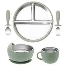 5PCS Baby Feeding Set | Stainless Steel Suction Plates and Bowls with Silicone Fork and Spoon Utensils | Baby Led Weaning Tableware for Toddlers & Kids
