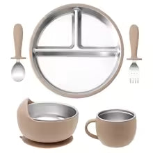 5PCS Baby Feeding Set | Stainless Steel Suction Plates and Bowls with Silicone Fork and Spoon Utensils | Baby Led Weaning Tableware for Toddlers & Kids